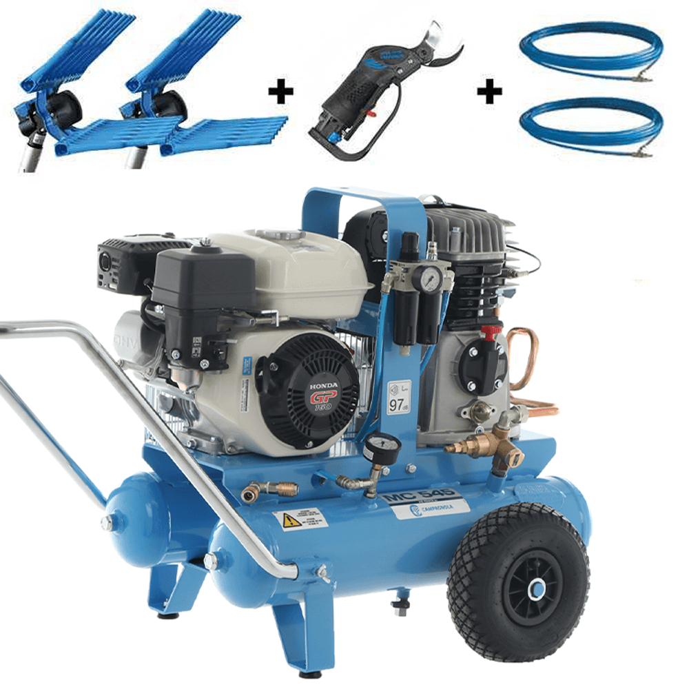 kit motocompresseur campagnola mc 545 honda gp160 + 2 peignes vibreurs pneumatiques tuono evo + sécateur pneumatique victory